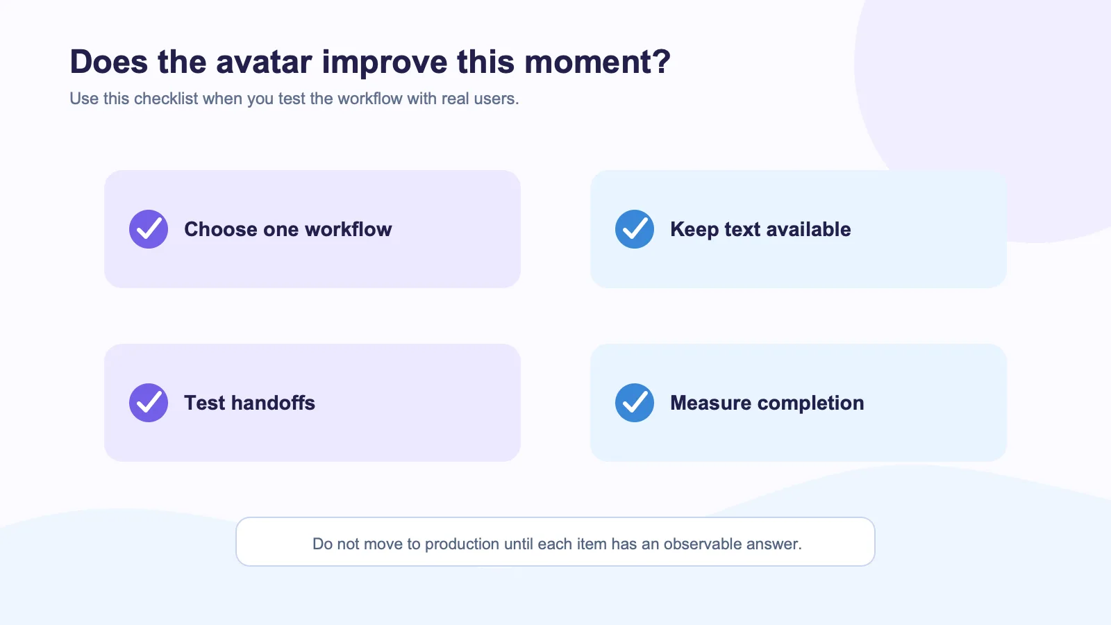 Checklist for deciding whether an avatar improves a specific product workflow