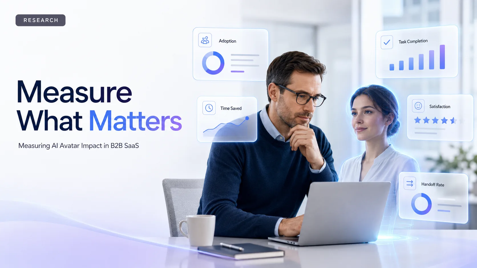 A SaaS manager reviewing AI-avatar adoption, time-saved, completion, satisfaction, and handoff metrics.