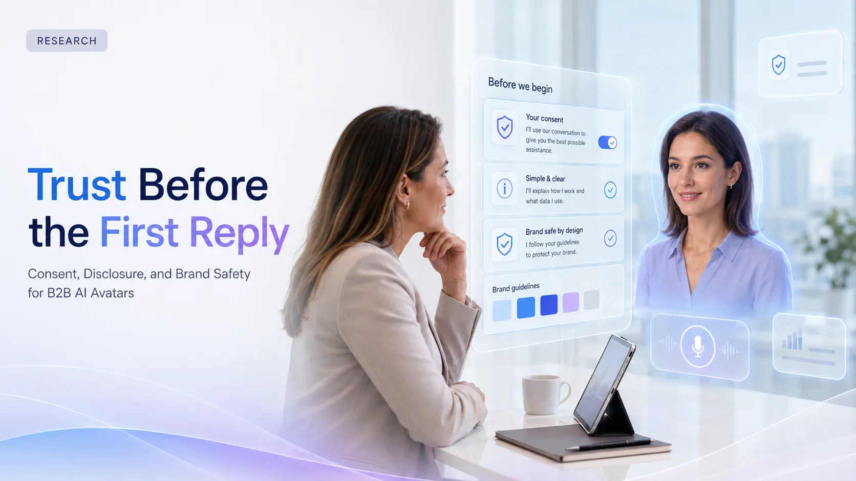 A SaaS user reviewing consent, disclosure, and brand-safety controls before interacting with an AI avatar.