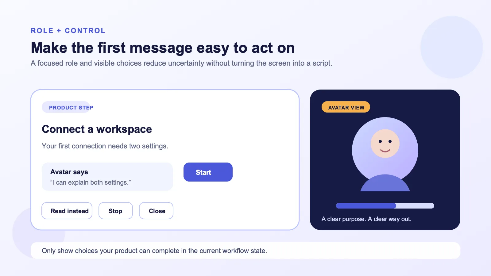 Product UI mockup showing an avatar introduction that states its role, offers a focused choice, and keeps stop, text, and close controls visible.