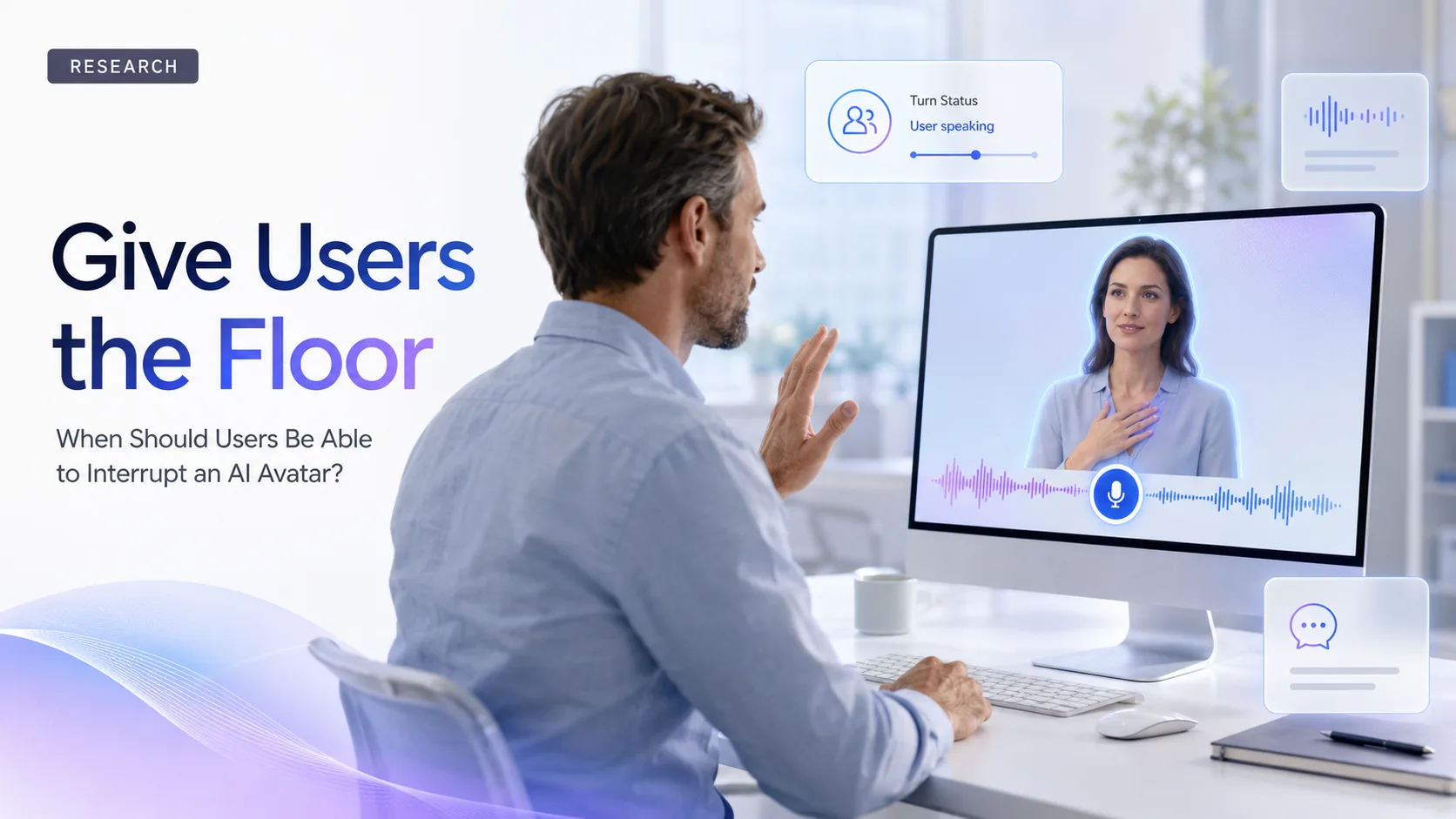 A SaaS user raising a hand to interrupt an AI avatar during a live conversation.