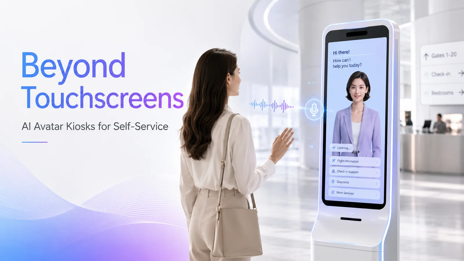 AI avatar kiosk in a retail environment showing a lifelike digital human assisting a customer at a self-service terminal