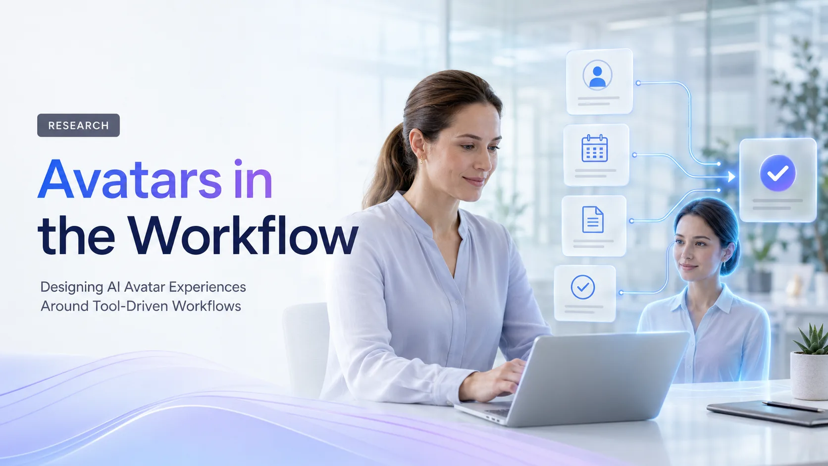 A user working in a SaaS workflow with an AI avatar connected to profile, calendar, document, and approval steps.