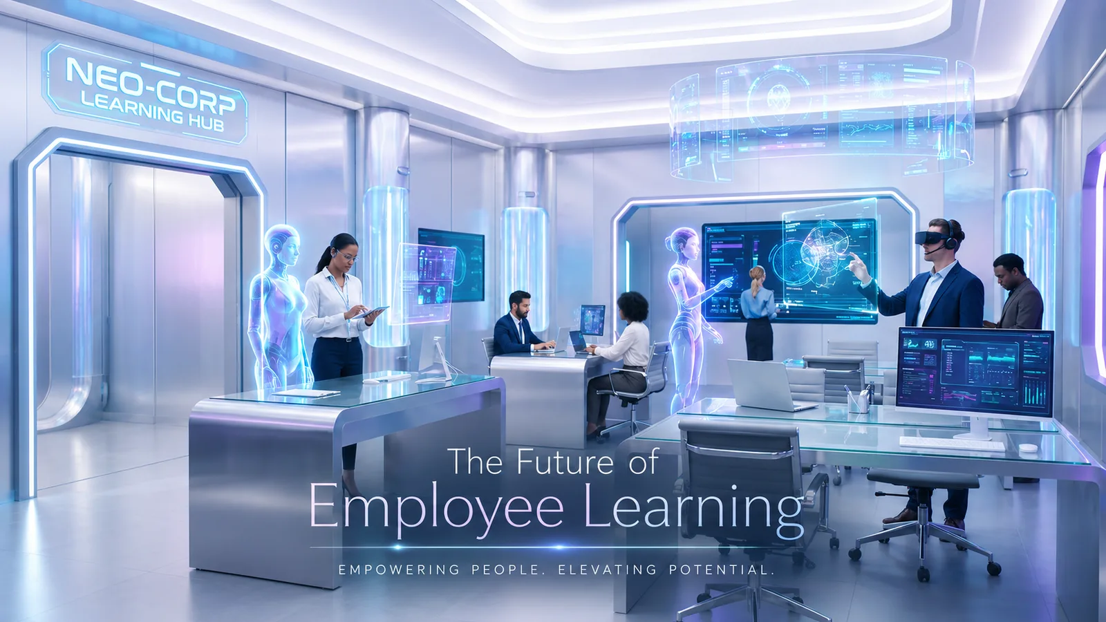 Futuristic corporate training room featuring holographic AI avatars conducting interactive employee learning sessions