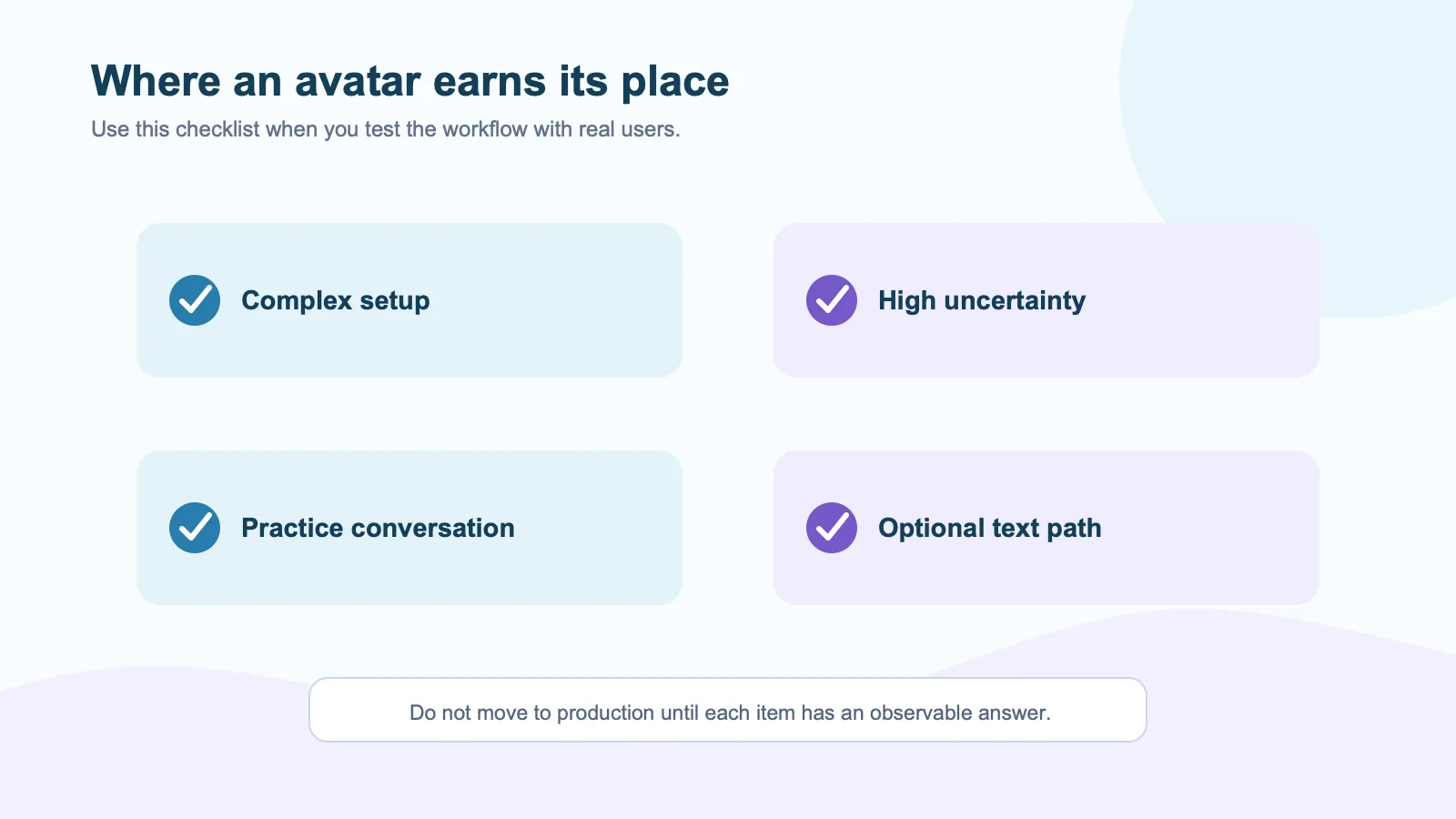 Checklist showing when an avatar earns its place in customer service, with a text alternative