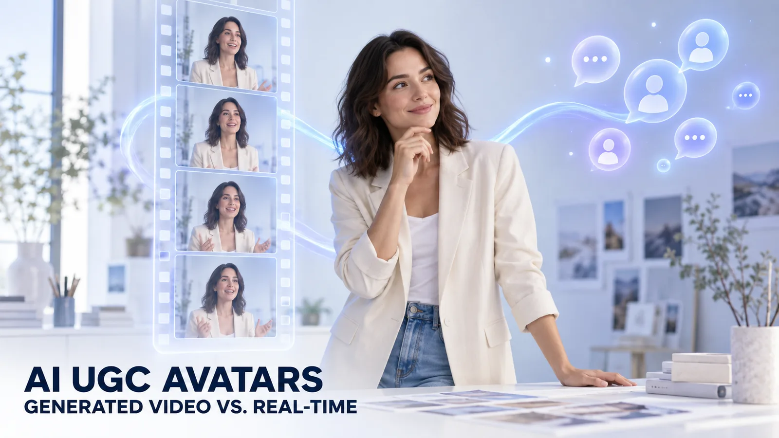 A creator beside a film strip of generated avatar video frames and a flowing signal for real-time conversation
