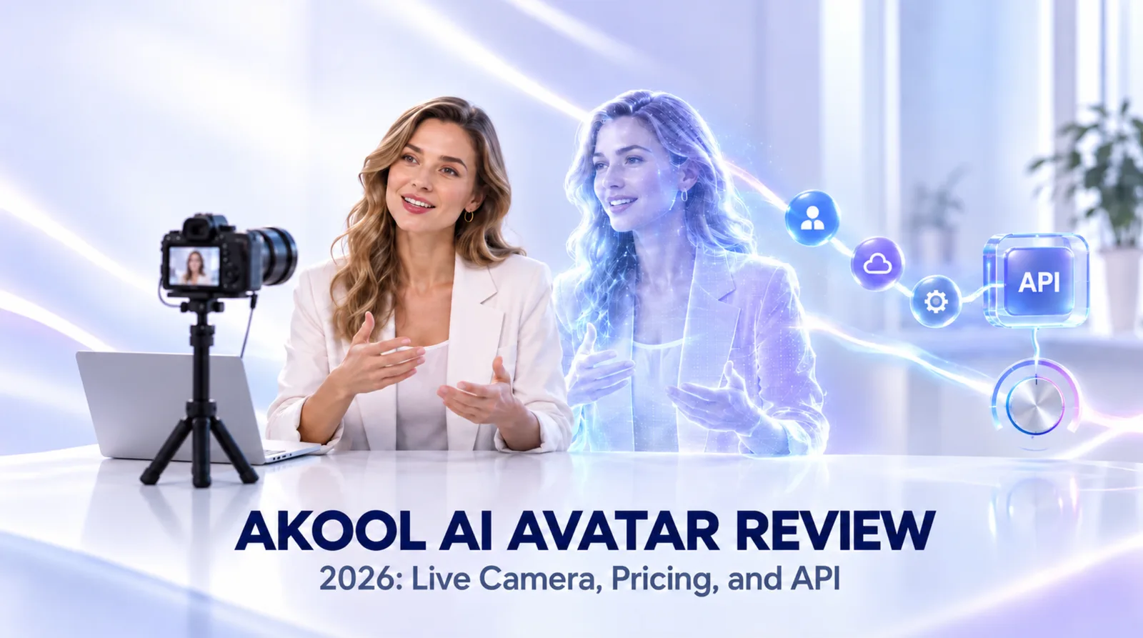 An AKOOL-style live presenter, digital twin, camera, cloud, and API controls