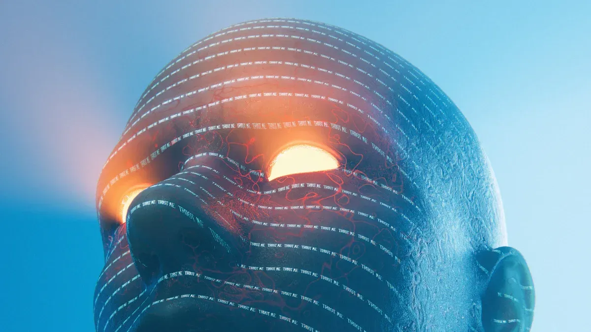 Conceptual close-up of a glowing blue and orange digital humanoid face representing artificial intelligence avatars
