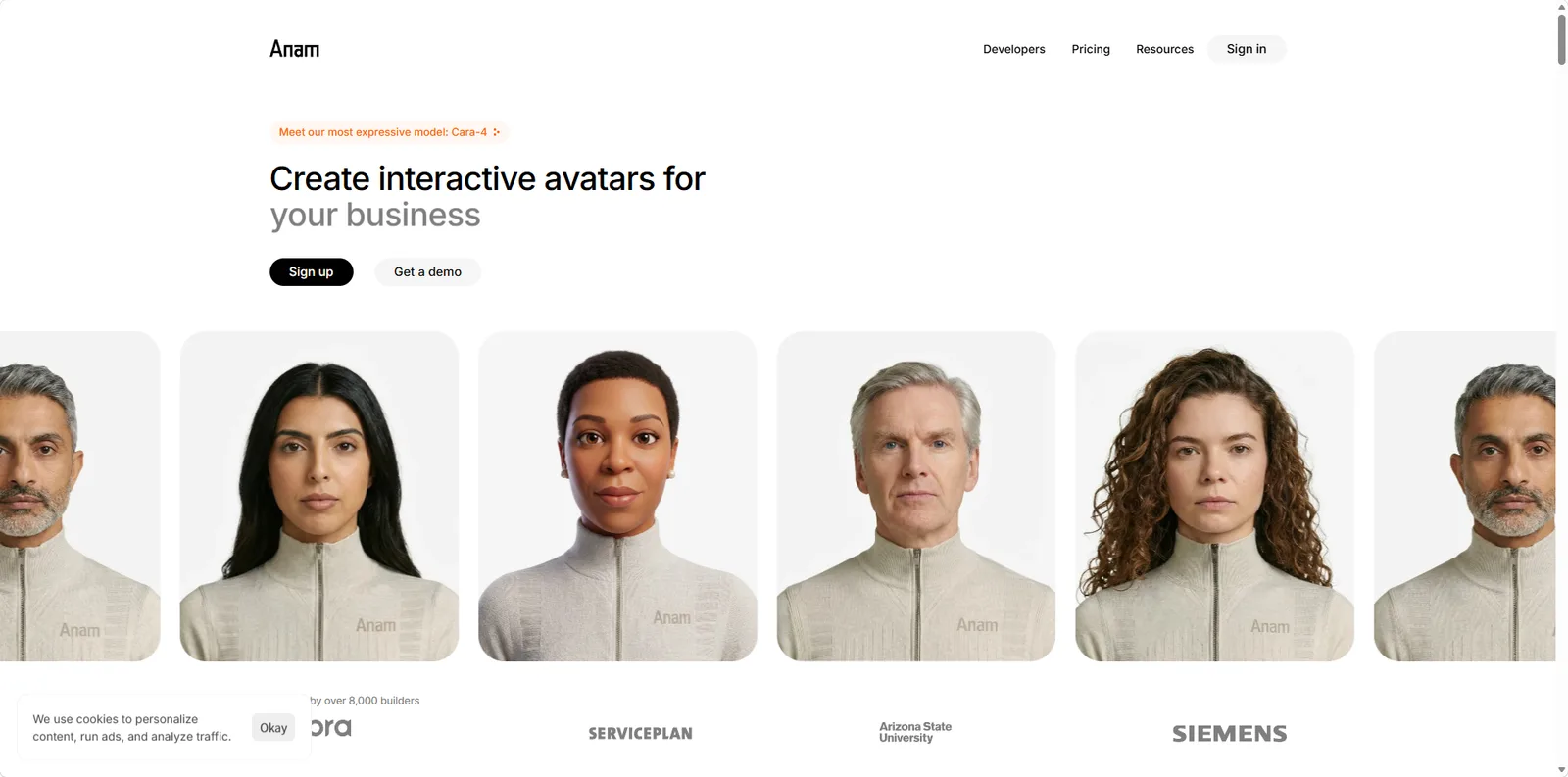 Anam homepage displaying a gallery of expressive photorealistic AI avatars for business applications