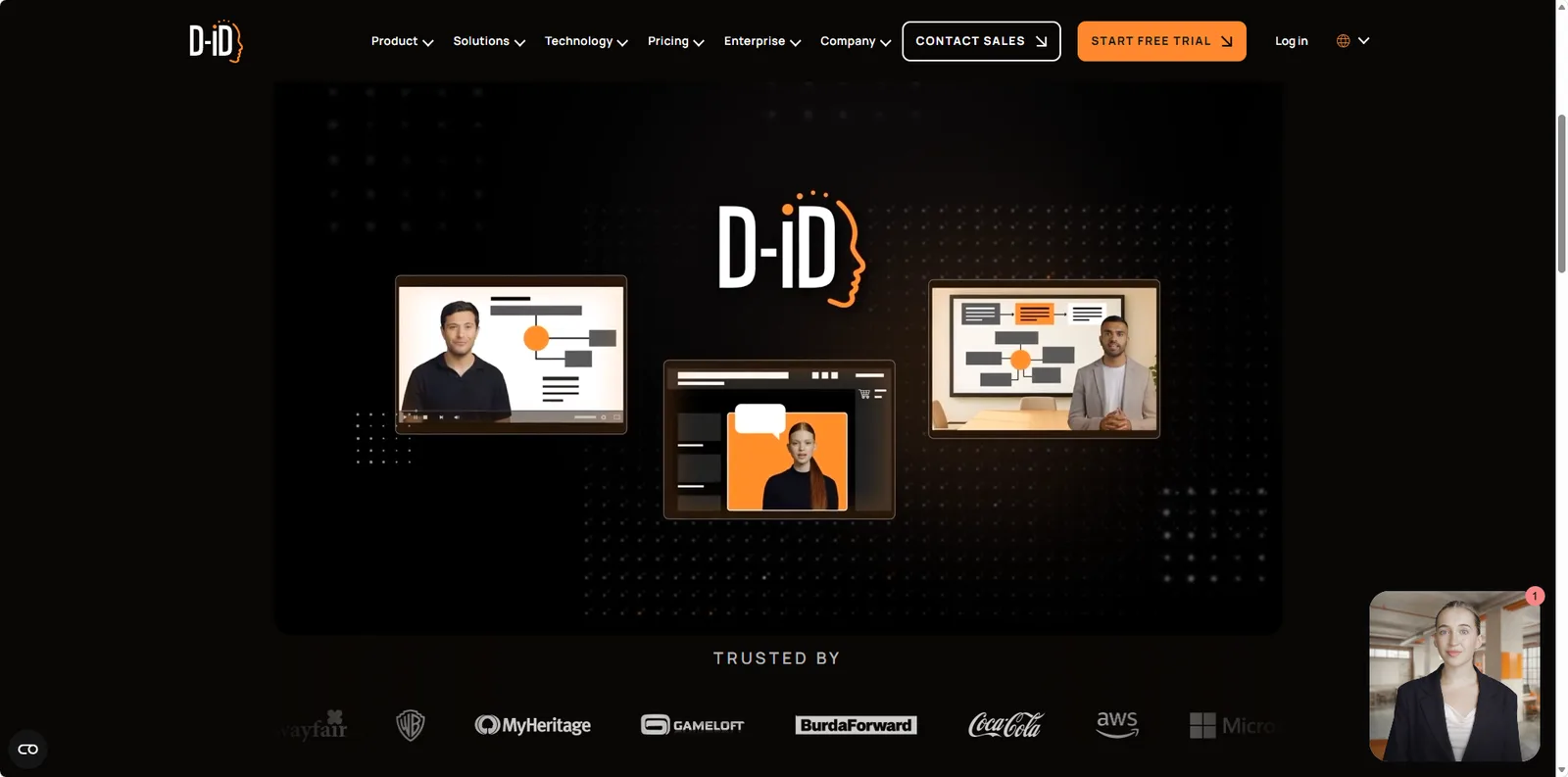 D-ID homepage showing AI-generated presenters used in video, presentation, and conversational agent interfaces