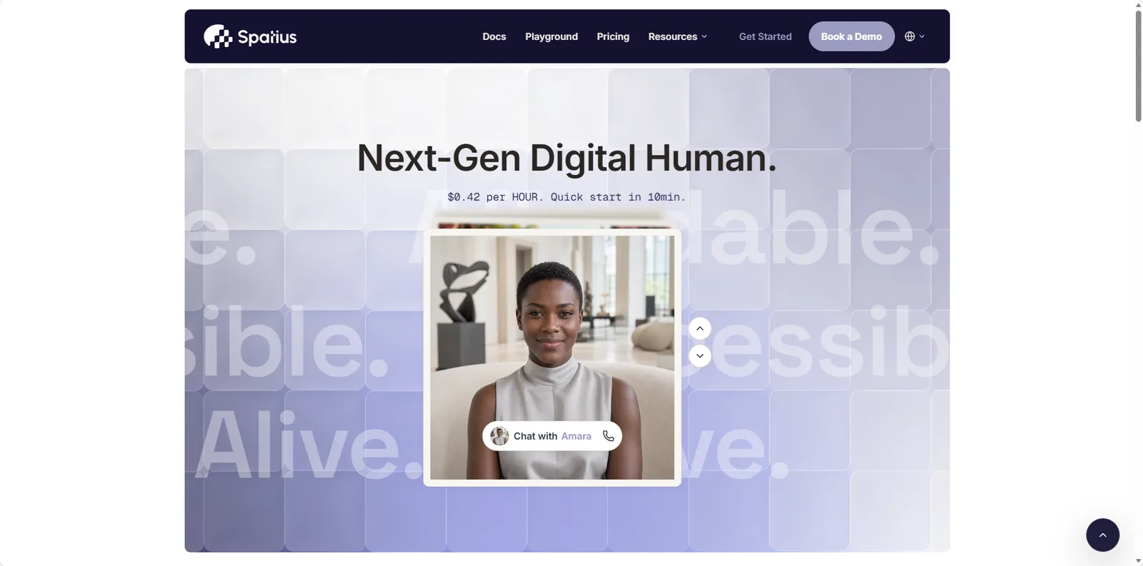 Spatius Next-Gen Digital Human homepage showing the Amara real-time conversational avatar and the $0.42 per hour price