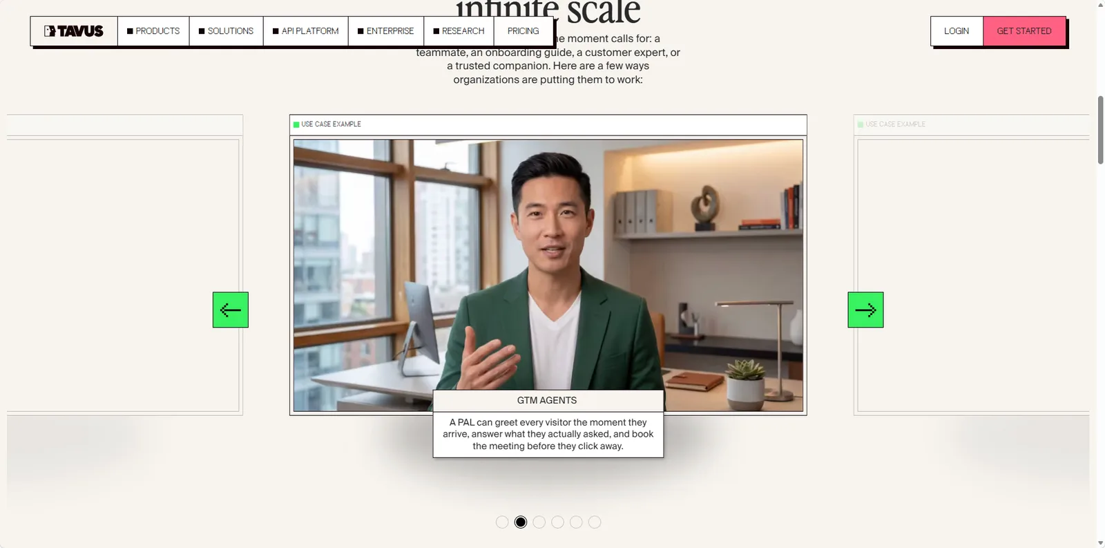 Tavus homepage showing a conversational video AI use case with a digital sales agent in an office setting