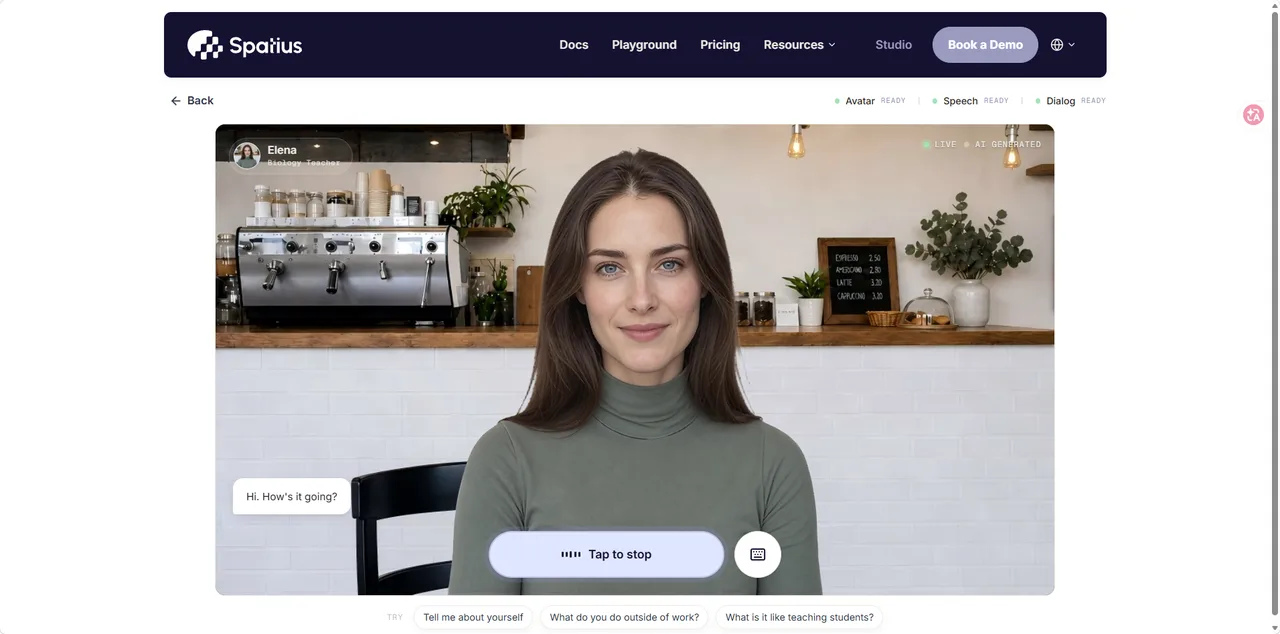 Spatius Playground showing Elena, a photorealistic real-time conversational avatar, with live speech and dialog controls