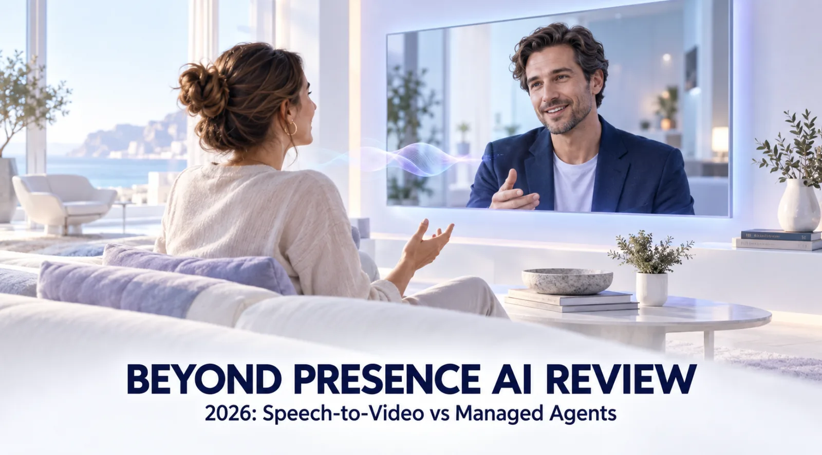 A person holding a live conversation with a humanlike video agent on a large display