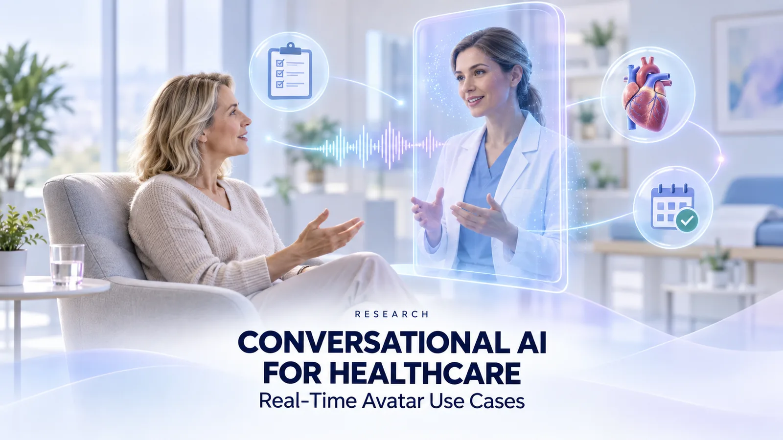 患者与实时 AI 医疗数字人对话，旁边显示清单、心脏和预约图标