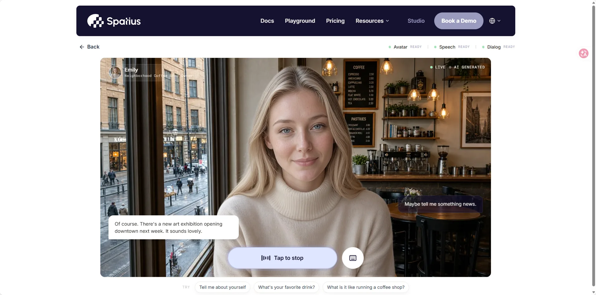 Spatius Playground showing Emily, a photorealistic real-time conversational avatar, responding in a coffee shop scene