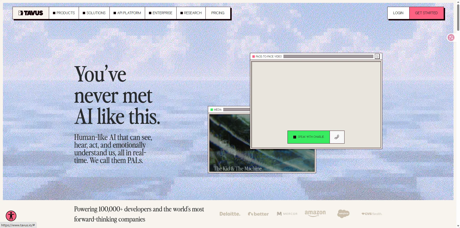 Tavus homepage presenting PALs as face-to-face AI that can see, hear, act, and respond in real time