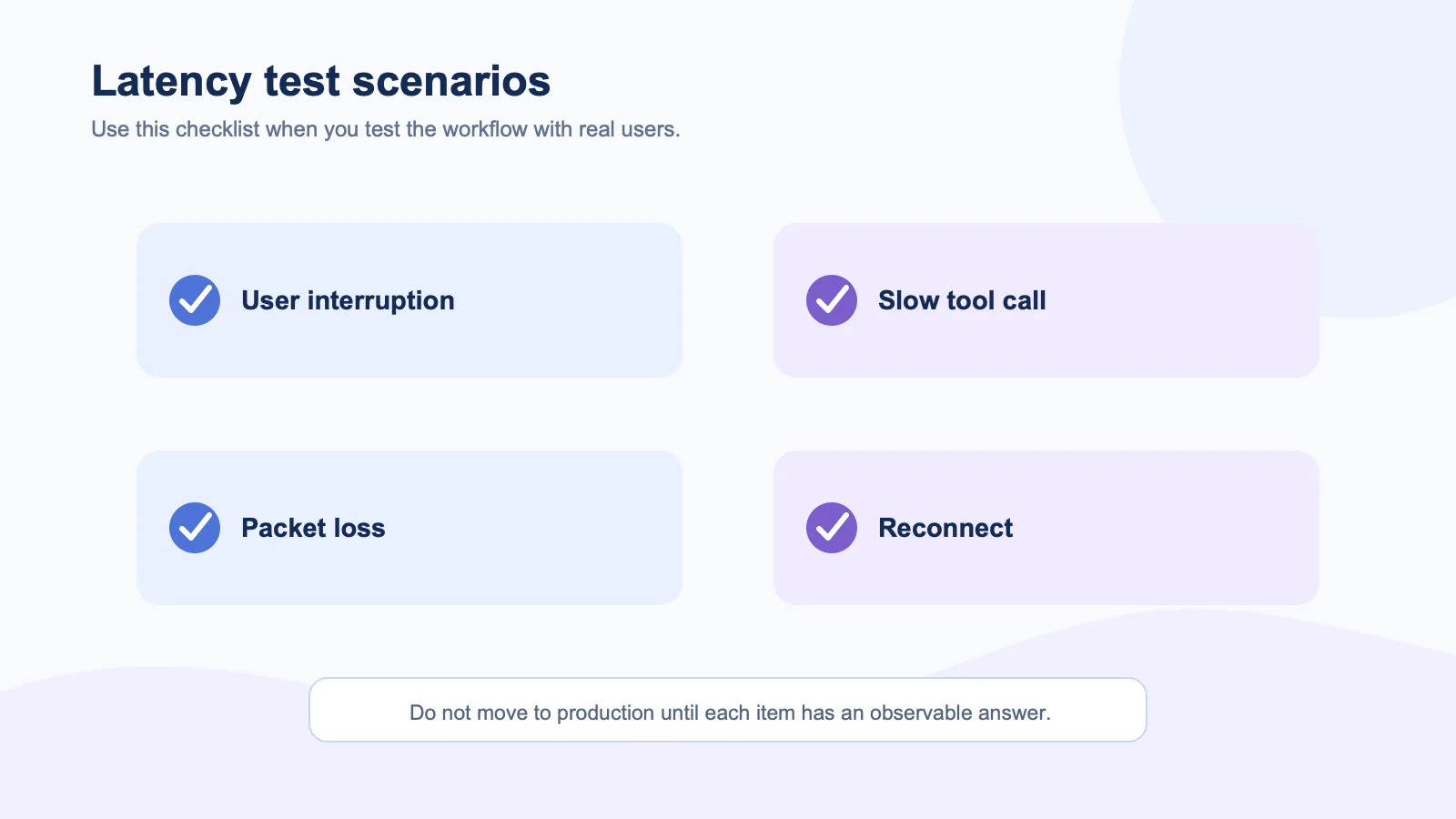 Checklist for testing interruption, slow tool calls, packet loss, and reconnect behavior in a live avatar