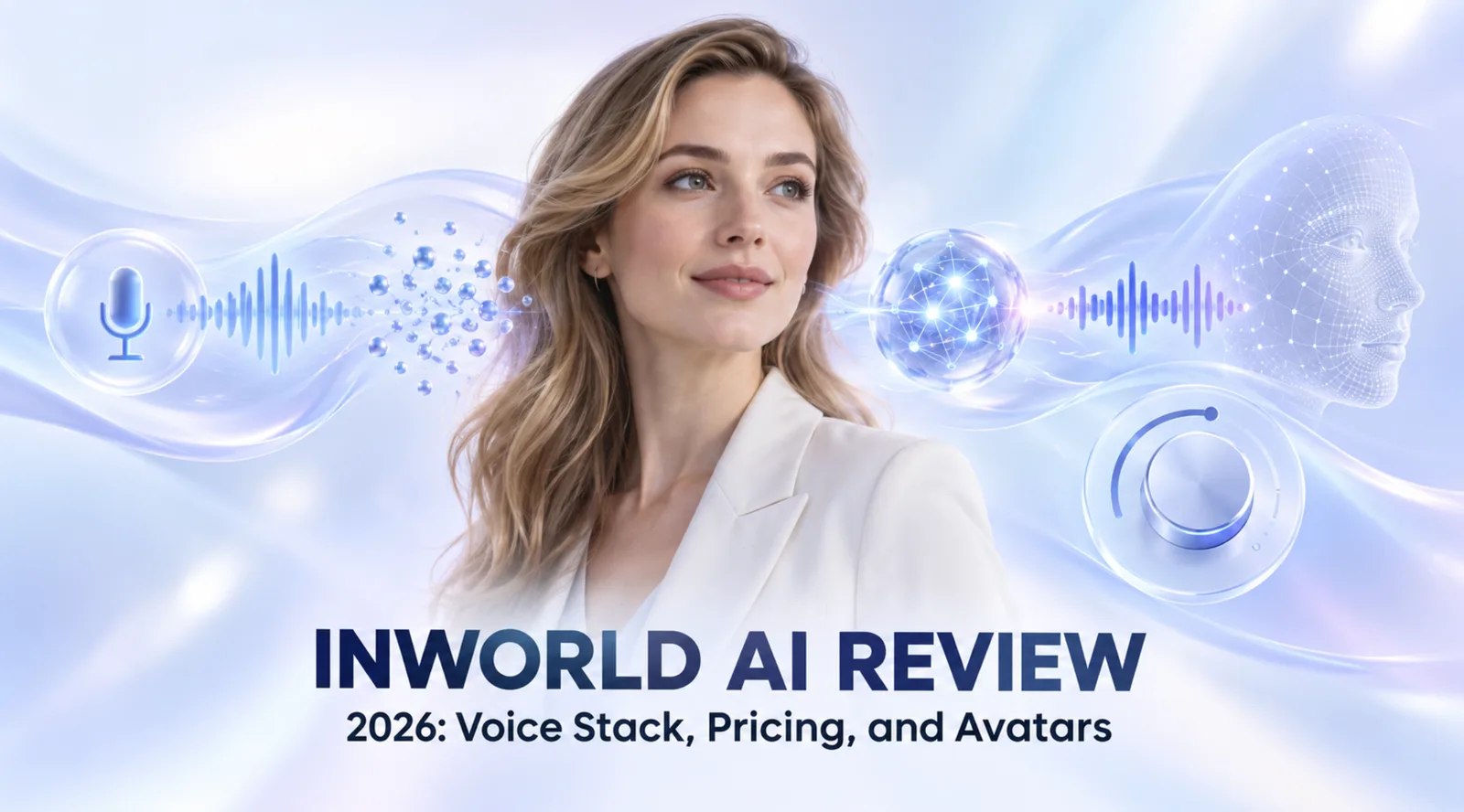A voice waveform connecting a speaker, an AI reasoning node, and a rendered digital face