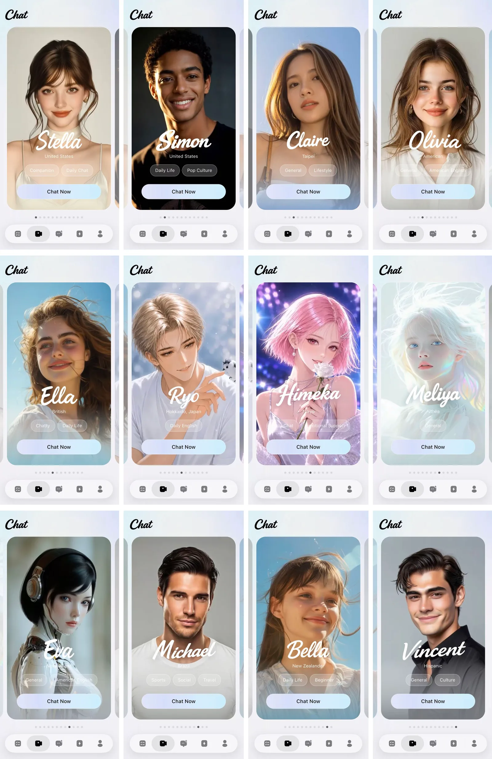 12 diverse AI avatar characters created by Midoo using Spatius avatar creation — ranging from young professionals to friendly tutors in varied ethnicities, ages, and visual styles