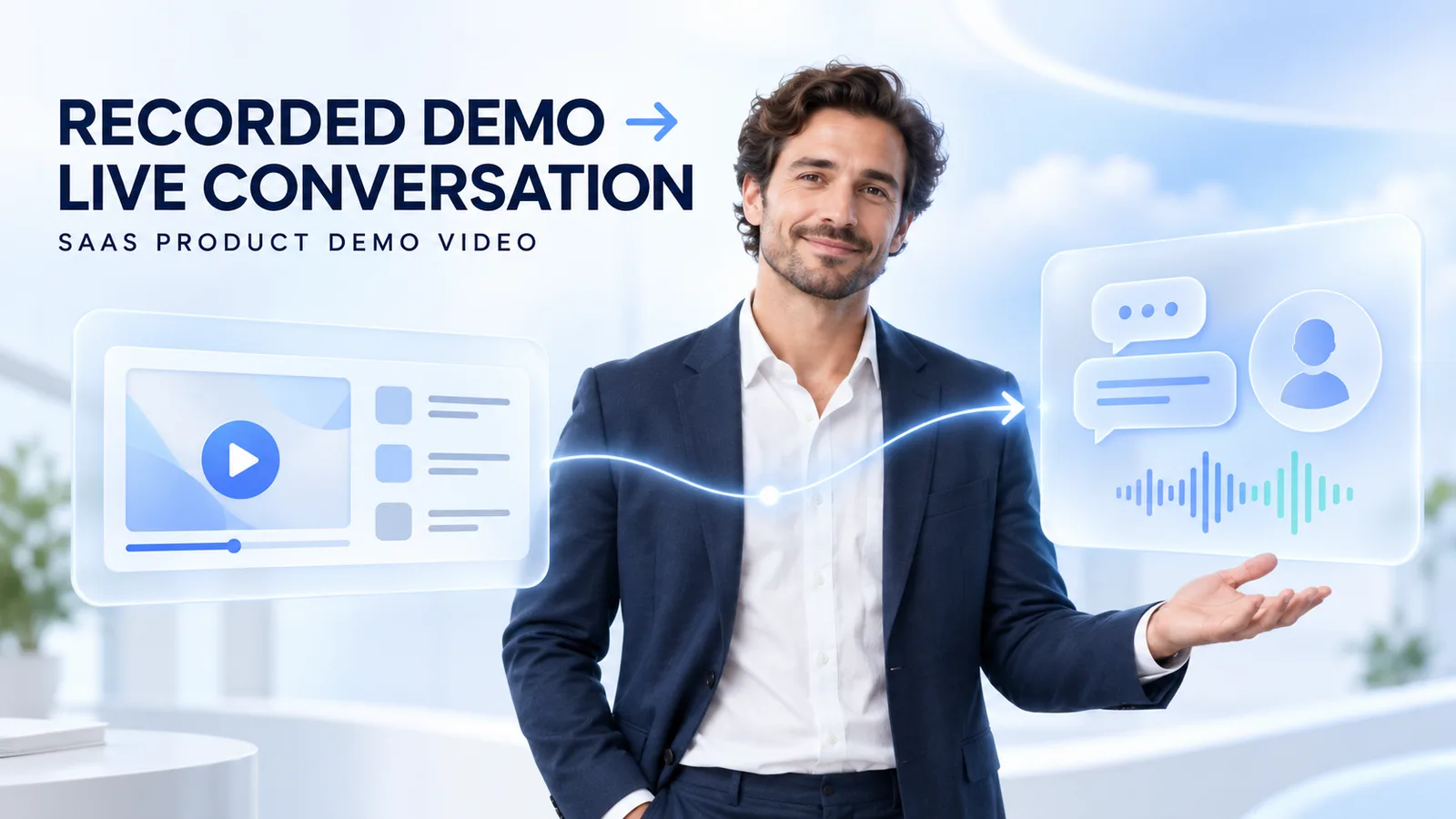 SaaS product manager between a recorded demo card and a live conversation card