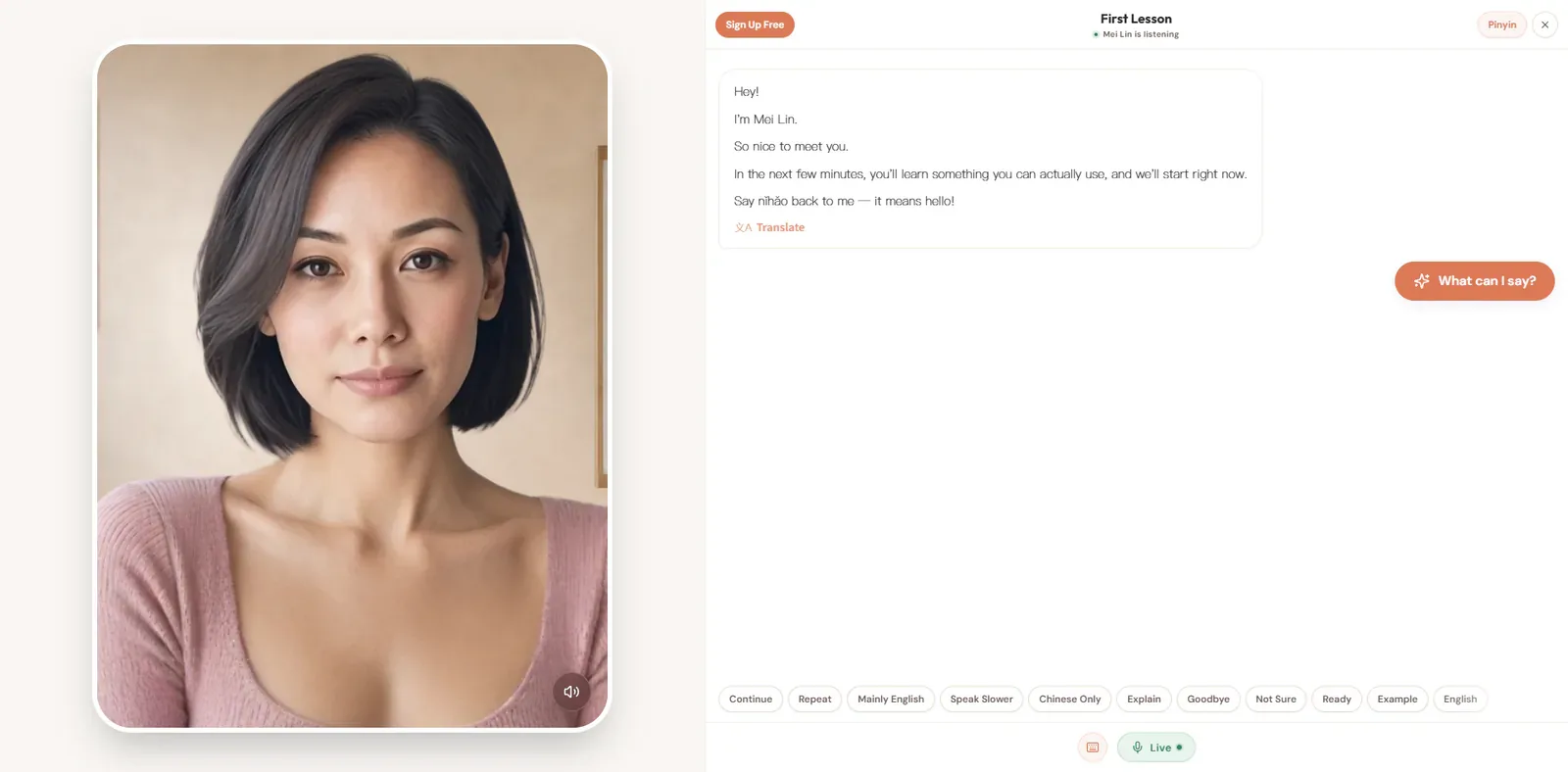SayMei first lesson on desktop with Mei Lin as the Spatius Pink tutor