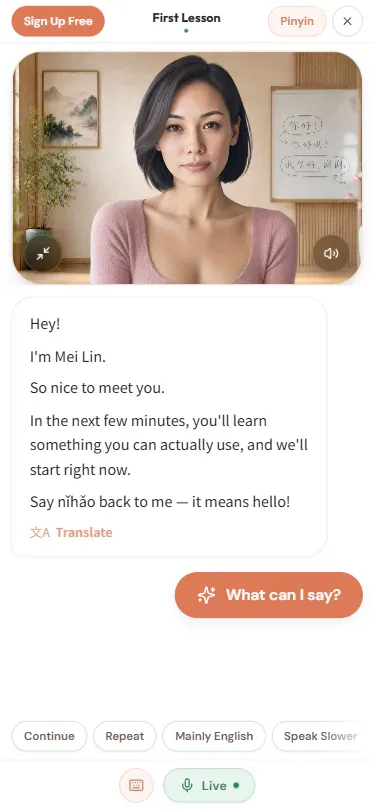 SayMei first lesson on mobile with Mei Lin in a warm Mandarin classroom setting