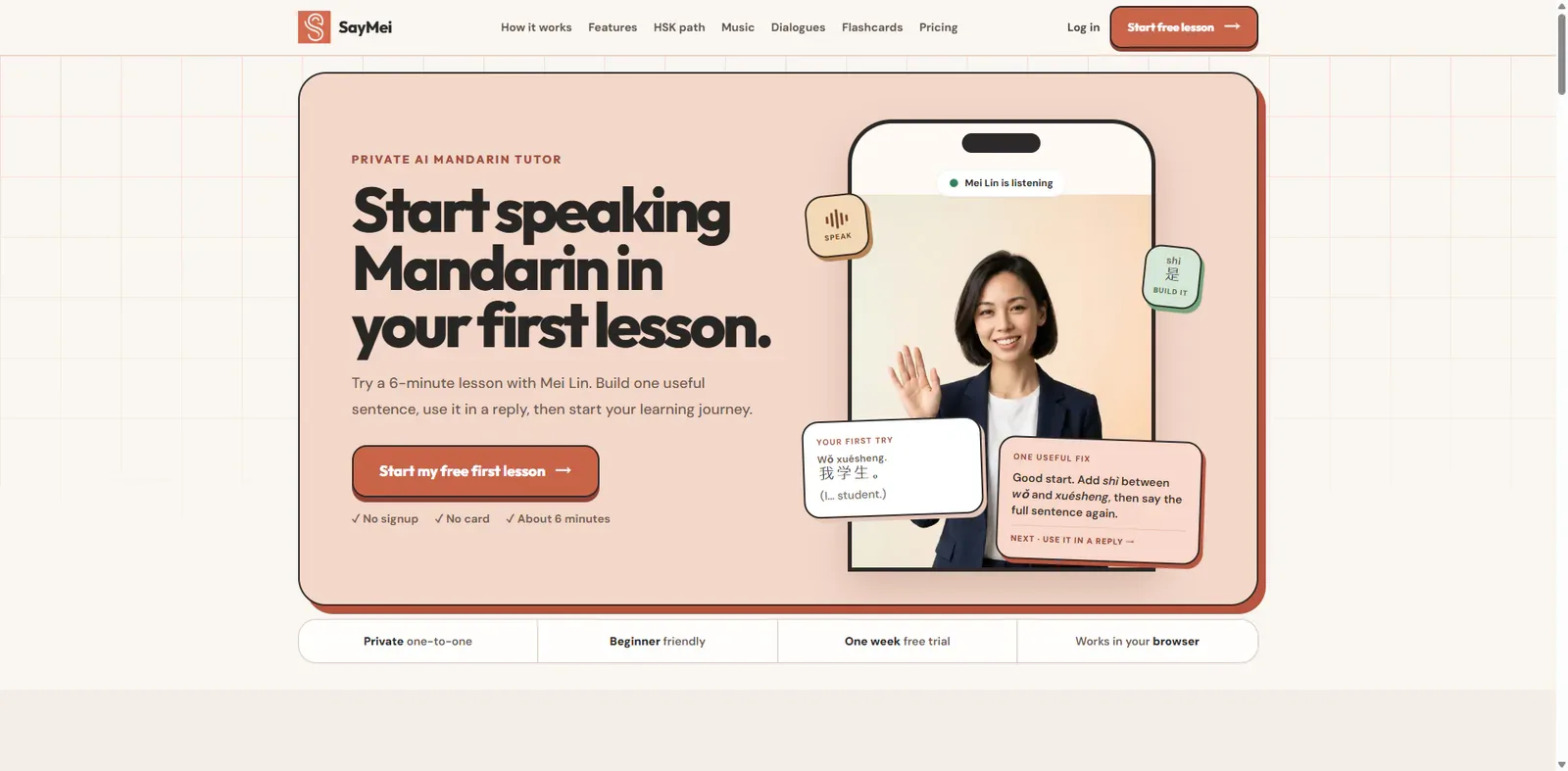 SayMei homepage introducing Mei Lin, its private AI Mandarin tutor, and a first speaking lesson