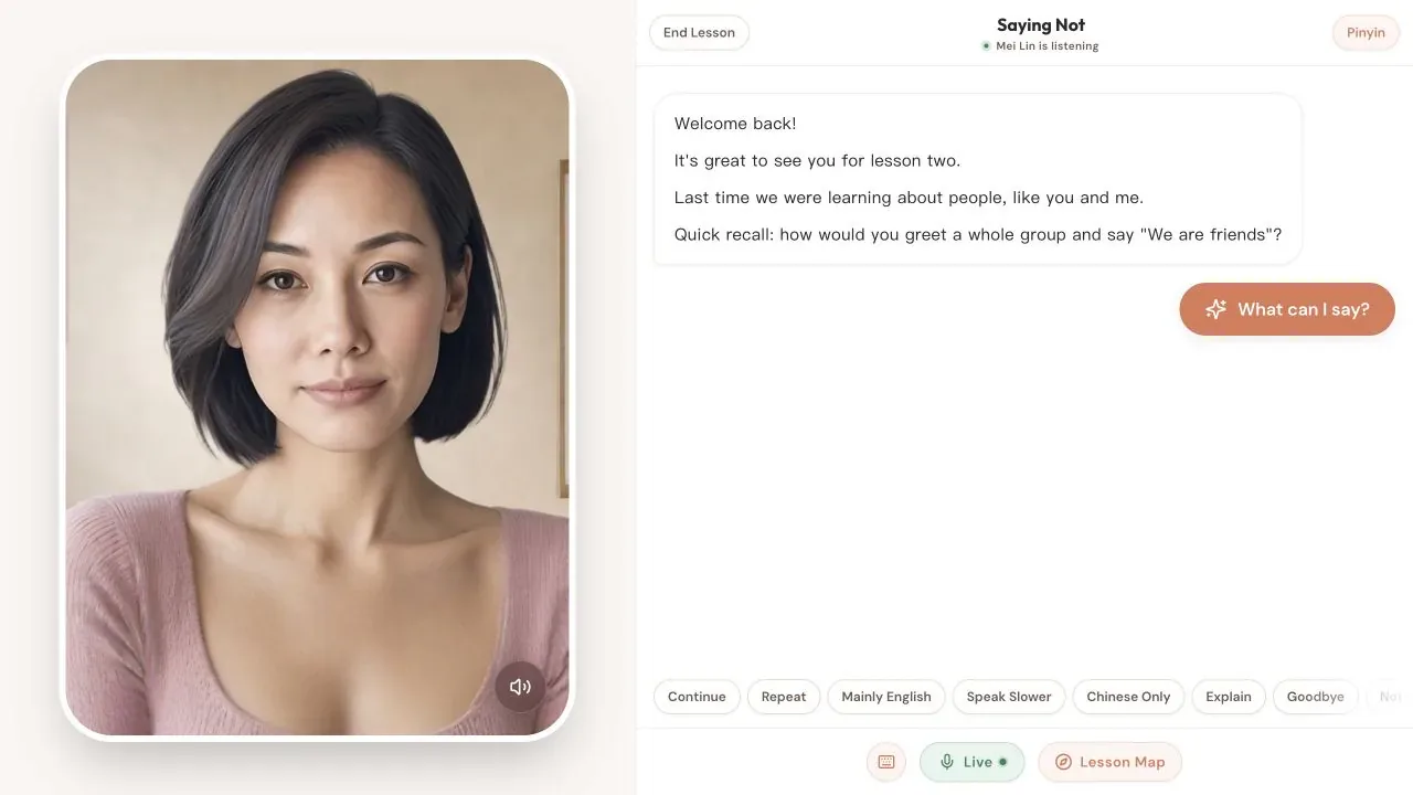 SayMei live Mandarin lesson with Mei Lin rendered by Spatius Pink beside the lesson conversation interface