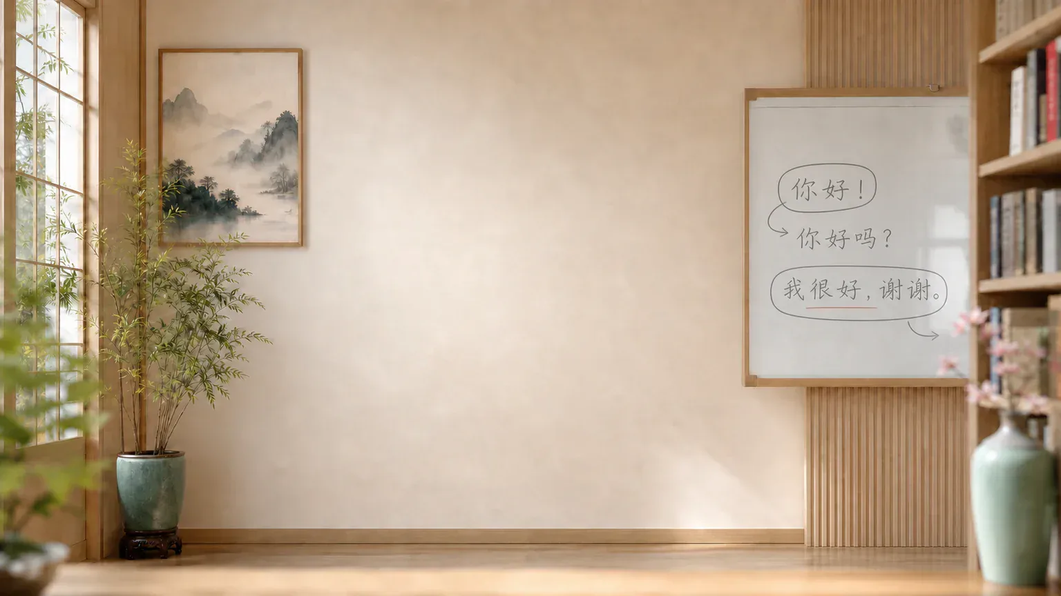 Warm Mandarin tutoring room background with Chinese practice phrases on a whiteboard
