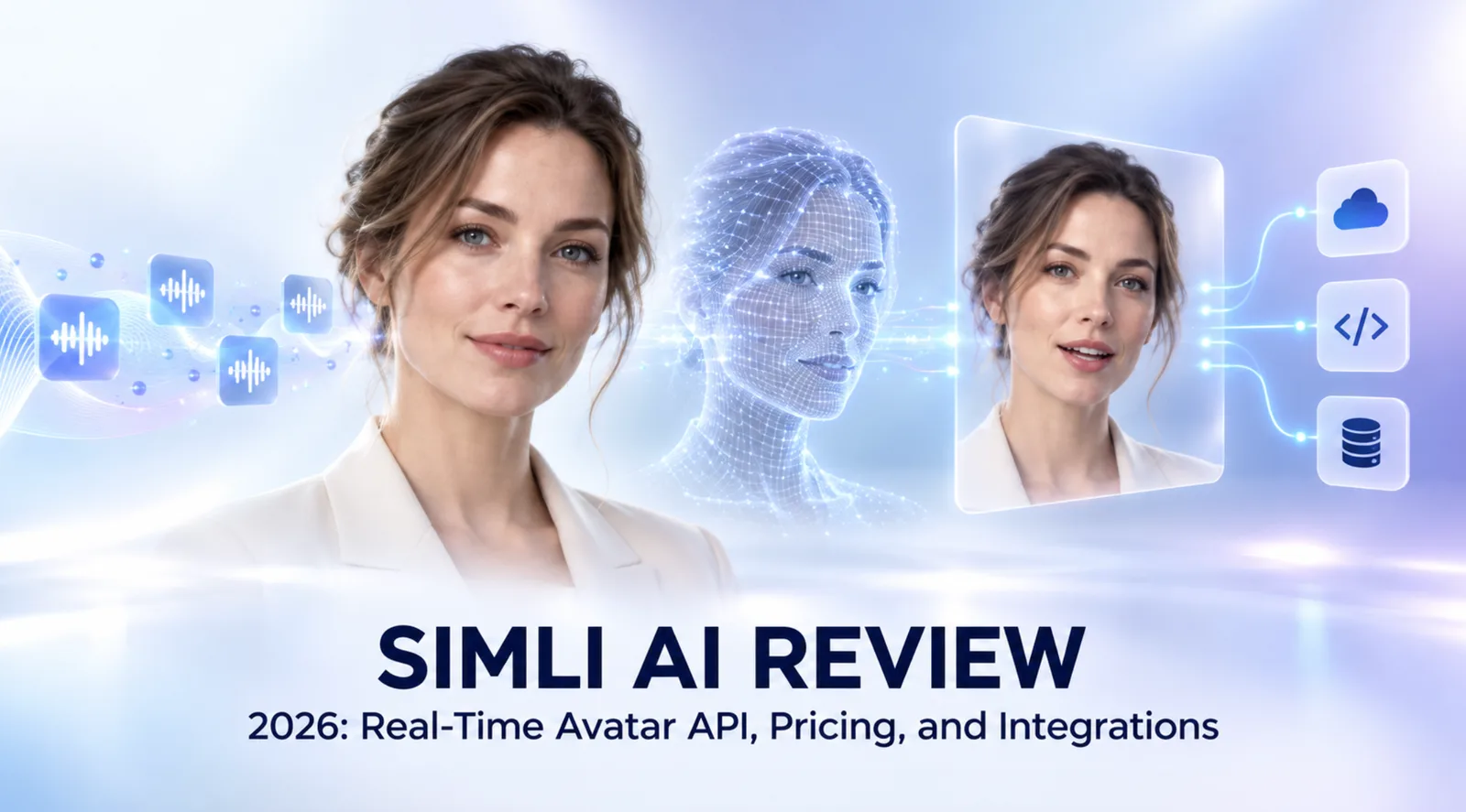 Simli AI 评测封面，展示实时音频转成数字人视频流并连接云服务与 API