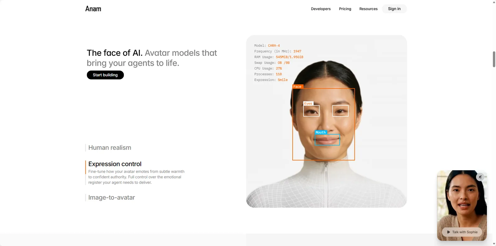 Anam homepage showing an AI avatar model with facial expression controls and an image-to-avatar workflow