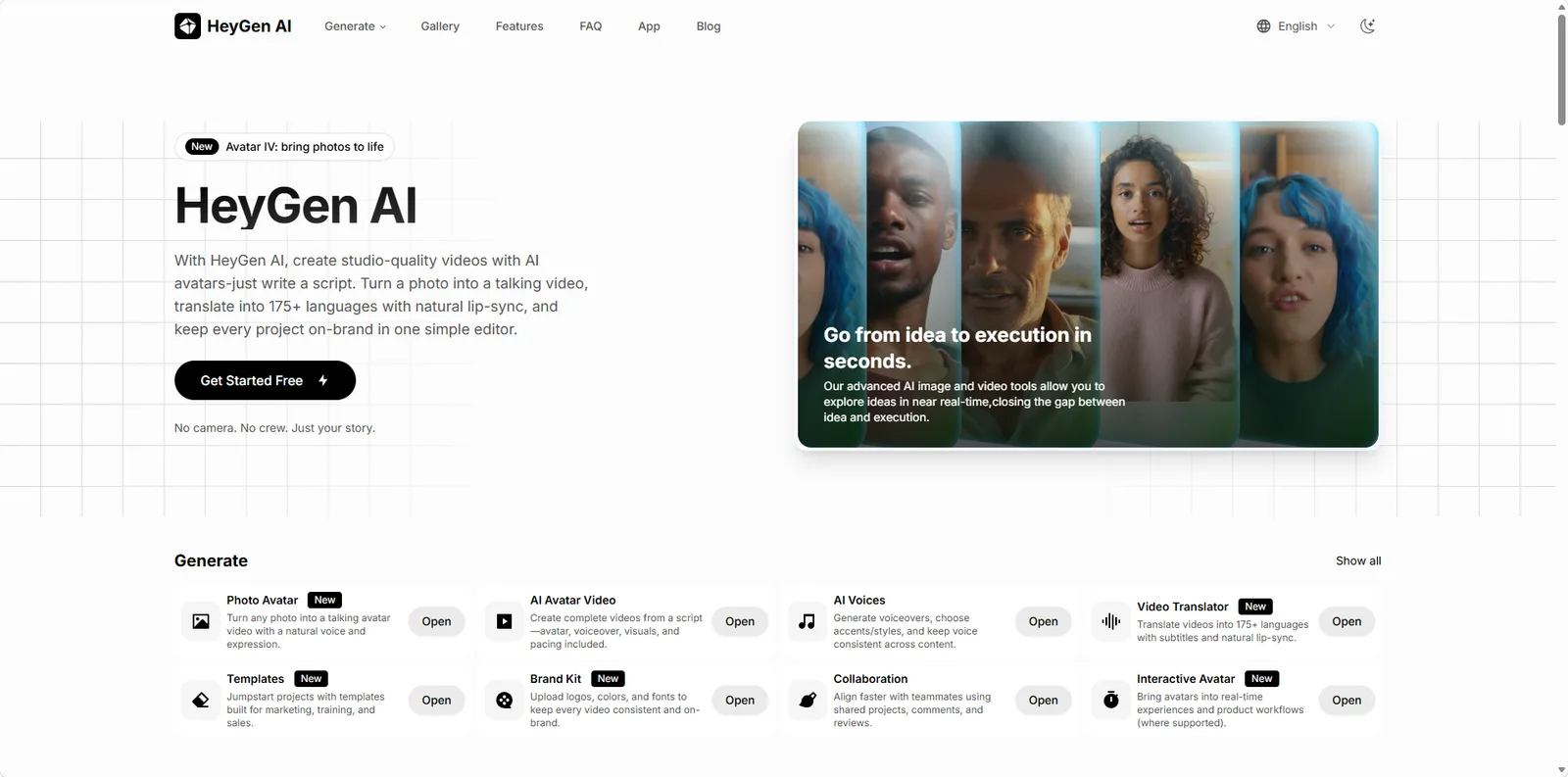 HeyGen AI platform homepage showing Avatar IV, video generation, AI voices, templates, translation, and interactive avatar tools