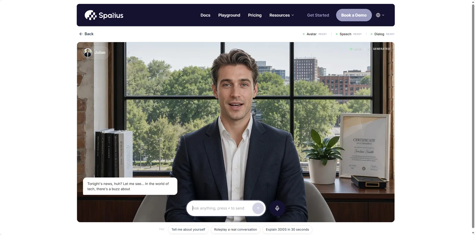 Spatius playground showing the Julian real-time AI avatar in a live conversational interface