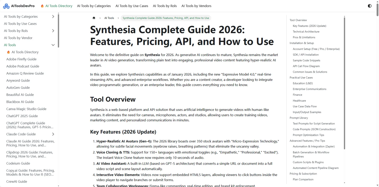 AI Tools Dev Pro Synthesia guide page describing its 2026 features, pricing, API, and business video workflows