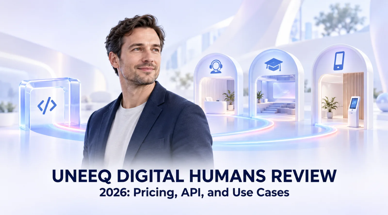 UneeQ Digital Humans 评测封面，展示 API、服务、培训和 Kiosk 部署场景