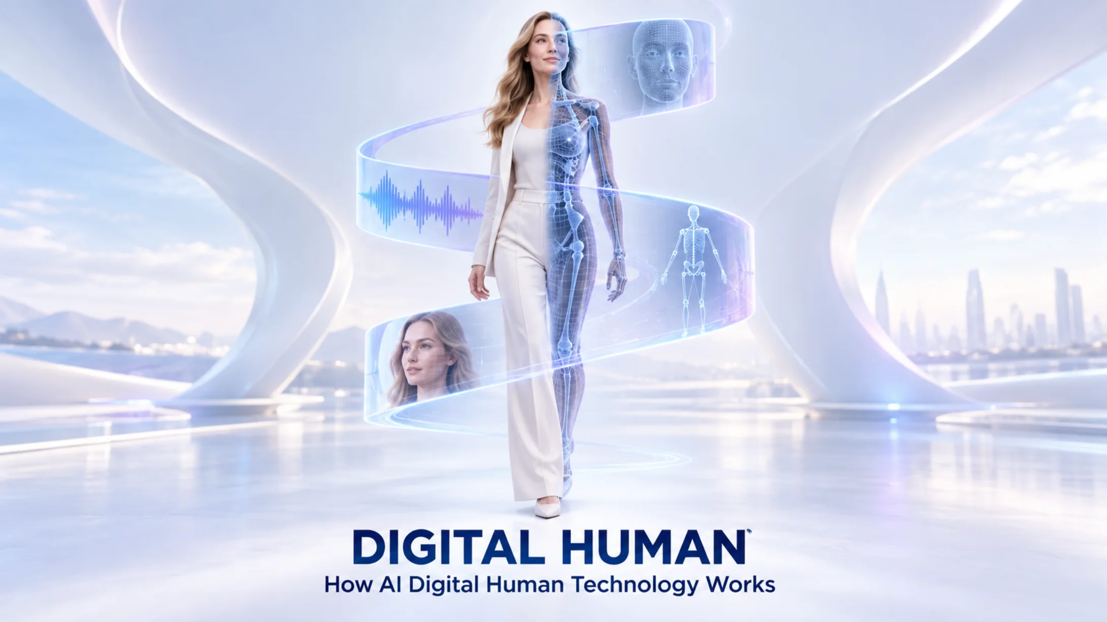 展示写实、线框与骨骼动画层的 digital human