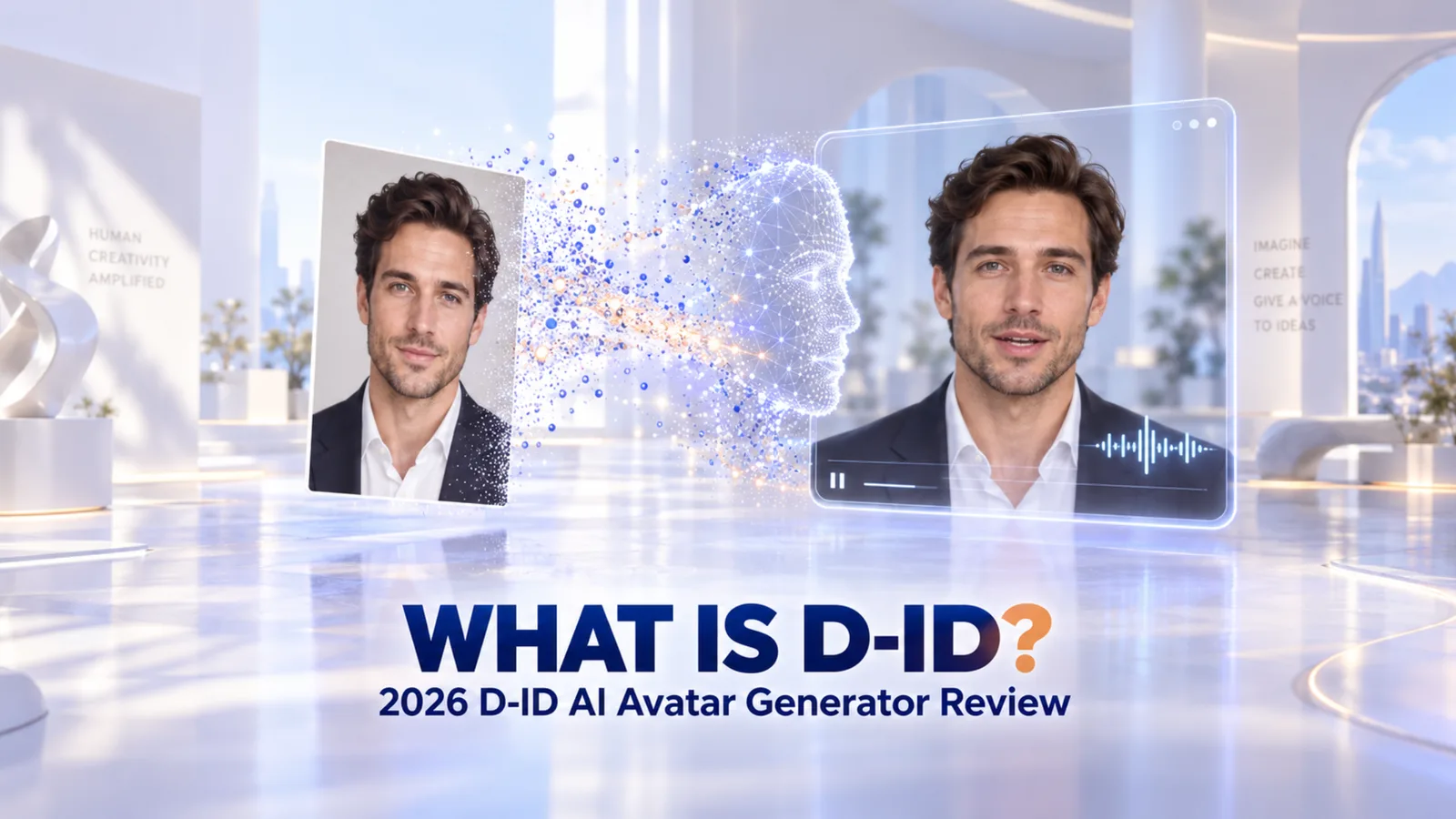 A portrait transforming into a real-time D-ID-style speaking avatar interface